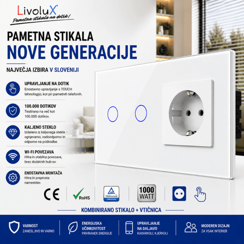 Livolux kombinirano touch stikalo 1x BASIC + 2x TWO TOUCH z vgrajeno vtičnico, bela steklena plošča