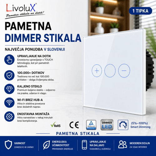 Pametno stekleno stikalo wifi LivoluX s kapacitivnim dotikom, LED indikacijo in funkcijo zatemnjevanja Pametno stekleno stikalo LivoluX wifi z zatemnjevalnikom in LED na dotik
