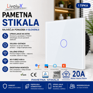 Livolux 20A wifi stikalo za grelnik vode z belim steklenim panelom
