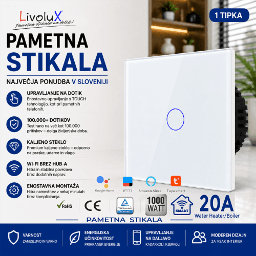 Livolux 20A wifi stikalo za grelnik vode Livolux 20A wifi stikalo za grelnik vode z belim steklenim panelom
