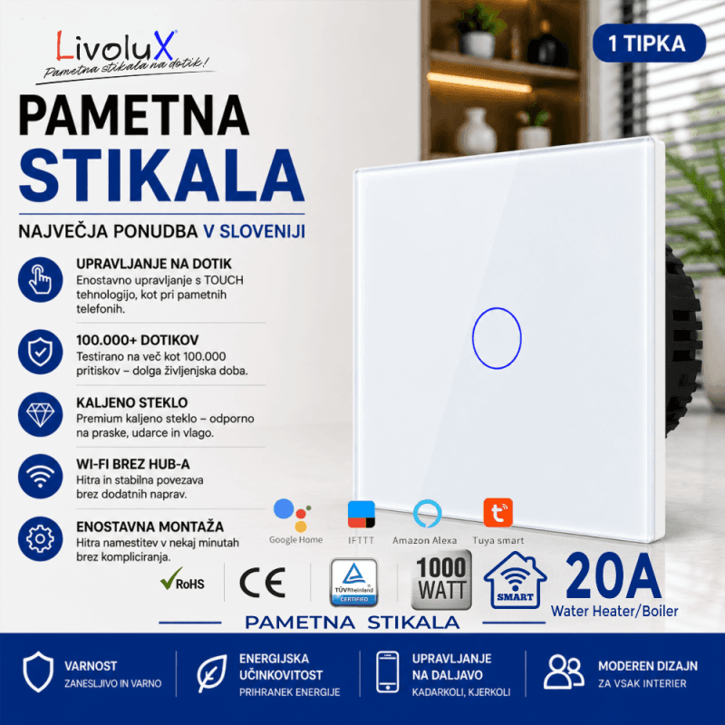 Livolux 20A wifi stikalo za grelnik vode z belim steklenim panelom