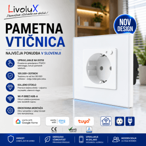 WiFi pametna On/Off stenska vtičnica – Livolux WiFi pametna on/off stenska vtičnica z belim steklenim okvirjem Livolux