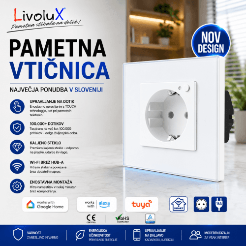 WiFi pametna on/off stenska vtičnica z belim steklenim okvirjem Livolux