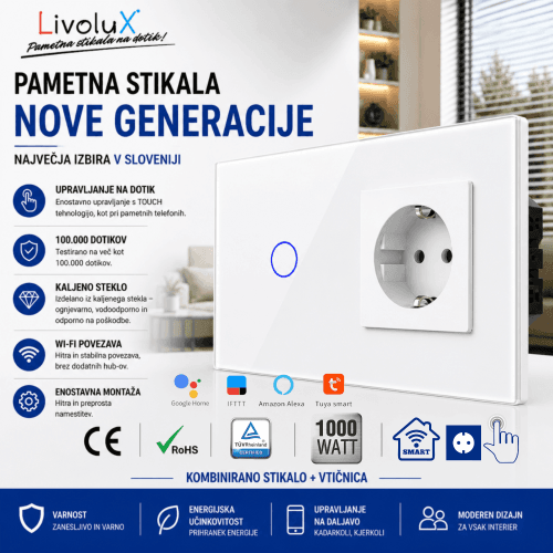 Livolux WiFi Touch Stikalo + BASIC Vtičnica (Kombinacija) Livolux WiFi touch stikalo z BASIC vtičnico – bela steklena kombinacija