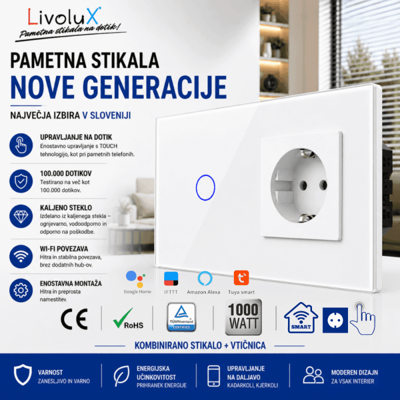 Livolux WiFi Touch Stikalo + BASIC Vtičnica (Kombinacija) Livolux WiFi touch stikalo z BASIC vtičnico – bela steklena kombinacija