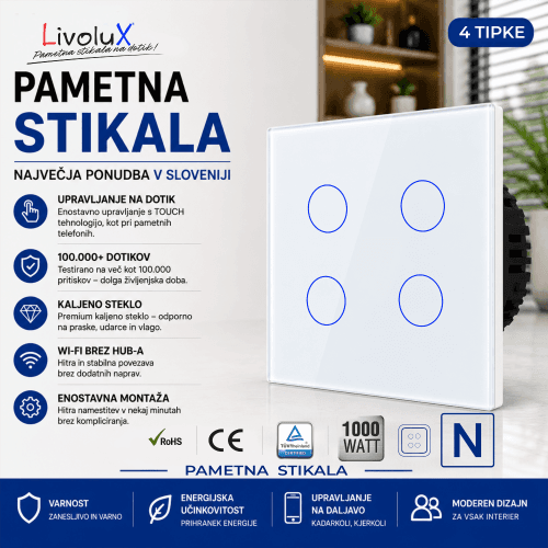 Livolux 4G pametno stikalo na dotik 4-gumbno pametno stikalo Livolux – steklena plošča na dotik