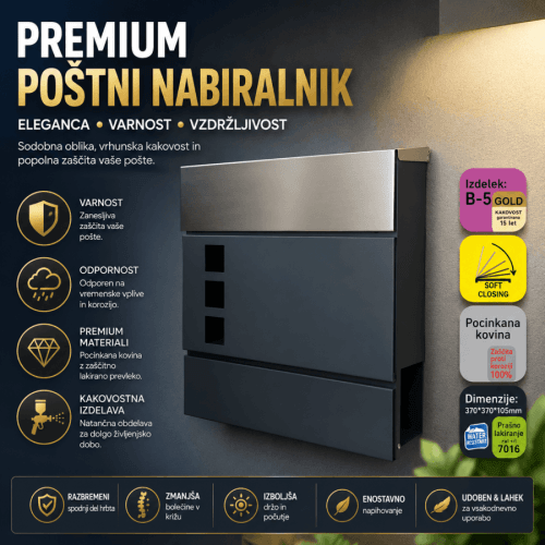 Poštni nabiralnik MAILBOX B5 – soft close Poštni nabiralnik MAILBOX B5 s soft close sistemom – visokokakovosten, moderen in vremensko odporen