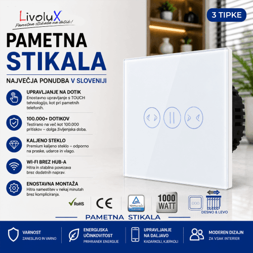 Pametno stikalo za žaluzije Livolux z gumboma za dvig in spust žaluzij.