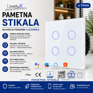 Livolux 4G WiFi pametno stikalo na dotik 4-gumbno WiFi pametno stikalo Livolux – steklena plošča na dotik