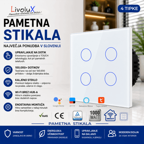 Livolux 4G WiFi pametno stikalo na dotik 4-gumbno WiFi pametno stikalo Livolux – steklena plošča na dotik