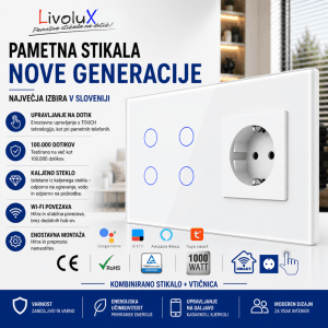 Livolux WiFi 4x touch stikalo z BASIC vtičnico – bela steklena kombinacija