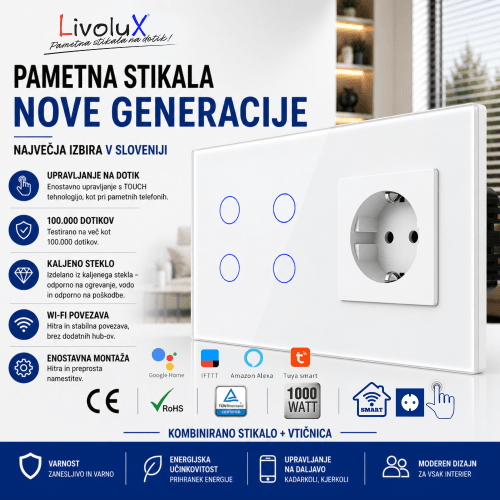 Livolux WiFi 4x Touch Stikalo + BASIC Vtičnica (Kombinacija) Livolux WiFi 4x touch stikalo z BASIC vtičnico – bela steklena kombinacija