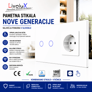 Pametno stikalo Livolux – kombinirano stikalo + vtičnica, stekleni dizajn