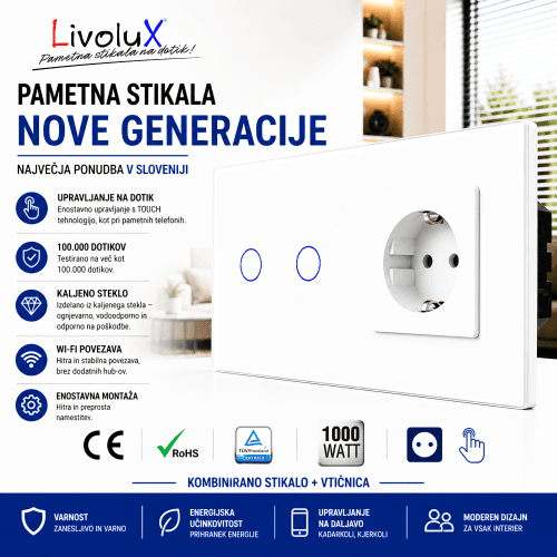 Pametno stikalo Livolux – kombinirano stikalo + vtičnica, stekleni dizajn