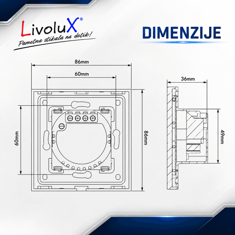 Dimenzije LivoluX pametne vtičnice 16A – tehnični načrt in mere za montažo