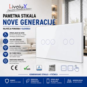 Dvojno touch stikalo TREE + TWO Touch Dvojno touch stikalo z eno tipko TREE Touch in eno tipko TWO Touch – steklena bela plošča