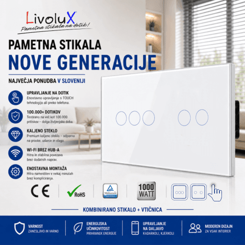 Dvojno touch stikalo TREE + TWO Touch Dvojno touch stikalo z eno tipko TREE Touch in eno tipko TWO Touch – steklena bela plošča