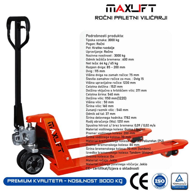 ročni paletni viličar 3000 kg skladiščni paletnik