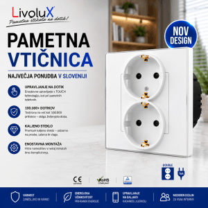 16A modularna Livolux stenska dvojna vtičnica z okvirjem iz kaljenega stekla