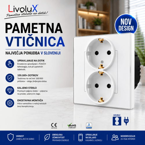 16A modularna Livolux stenska dvojna vtičnica z okvirjem iz kaljenega stekla