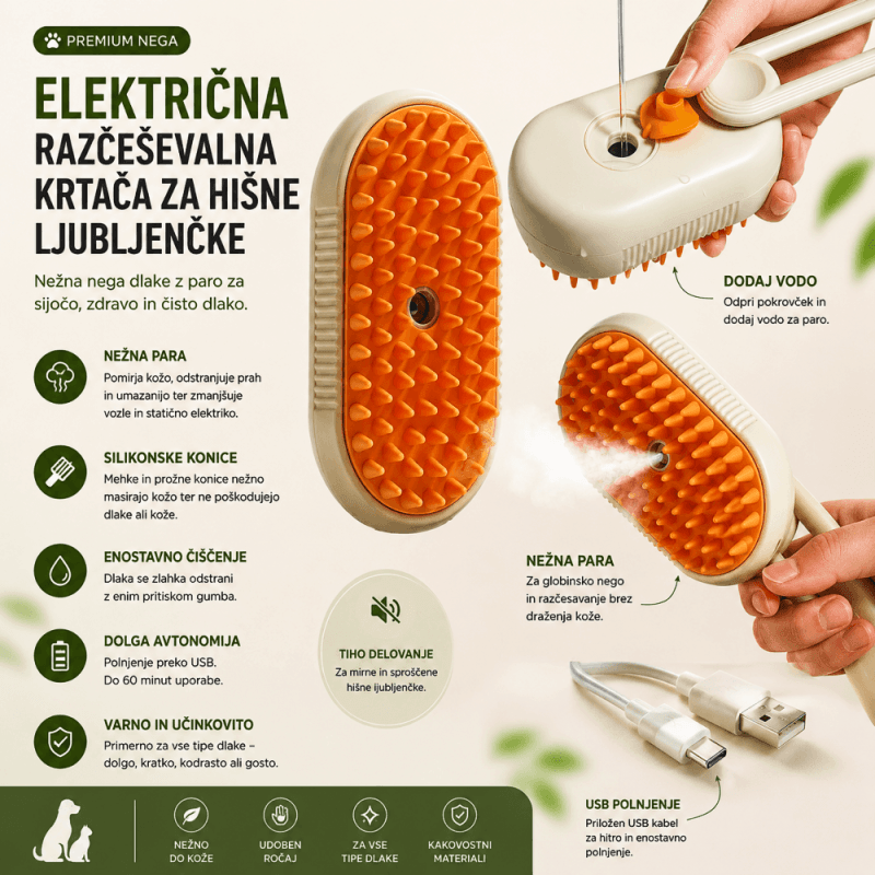 Električna razčesavalna krtača za hišne ljubljenčke Premium električna razčesavalna krtača za hišne ljubljenčke z nežno paro in USB polnjenjem.