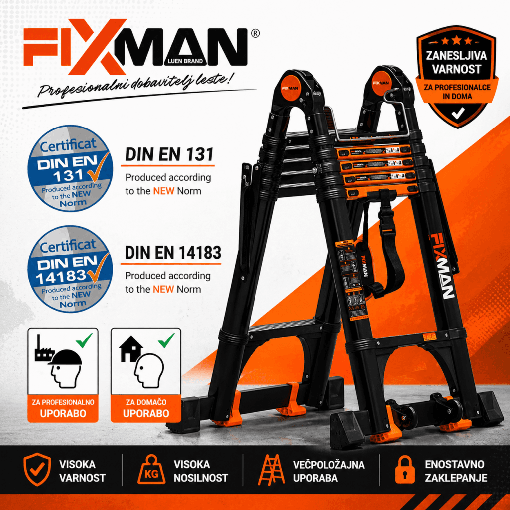 Večnamenska aluminijasta teleskopska lestev Fixman z nosilnostjo 150 kg in certifikatom EN131