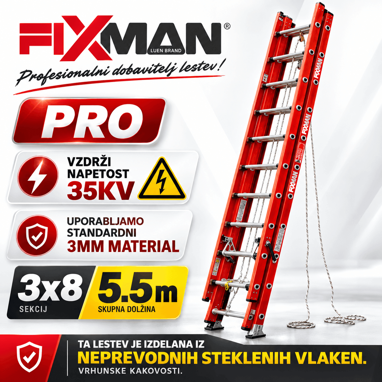 FIXMAN 3-delna izvlečna lestev iz steklenih vlaken – profesionalna fiberglass lestev 150 kg