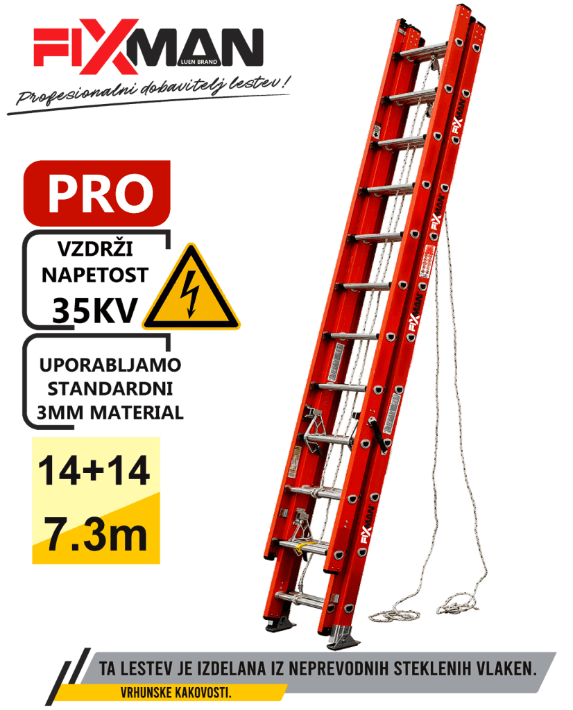 FIXMAN teleskopska lestev iz steklenih vlaken 2x14 stopnic 7,3 m
