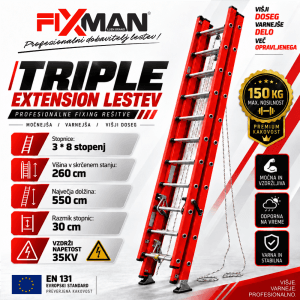 FIXMAN 3-delna izvlečna lestev iz steklenih vlaken FIXMAN 3-delna izvlečna lestev iz steklenih vlaken – profesionalna fiberglass lestev 150 kg