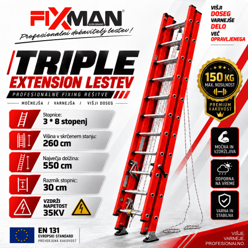 FIXMAN 3-delna izvlečna lestev iz steklenih vlaken FIXMAN 3-delna izvlečna lestev iz steklenih vlaken – profesionalna fiberglass lestev 150 kg