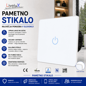 Livolux touch stikalo 1x ONE TOUCH 2.5D bela steklena plošča