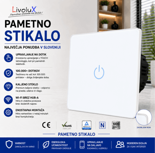 Livolux touch stikalo 1x ONE TOUCH 2.5D bela steklena plošča
