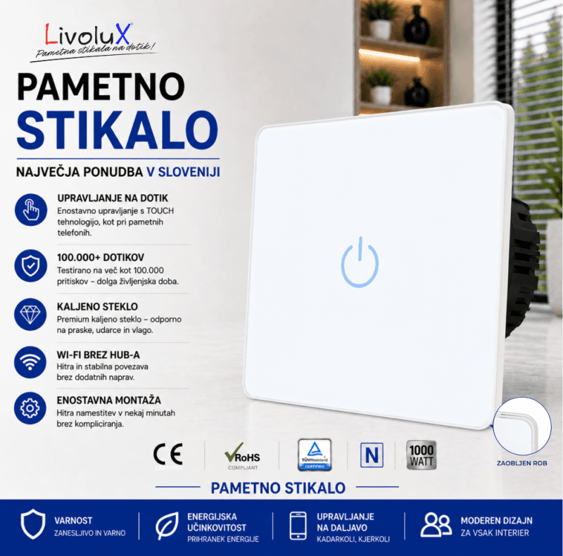 Livolux touch stikalo 1x ONE TOUCH 2.5D bela steklena plošča