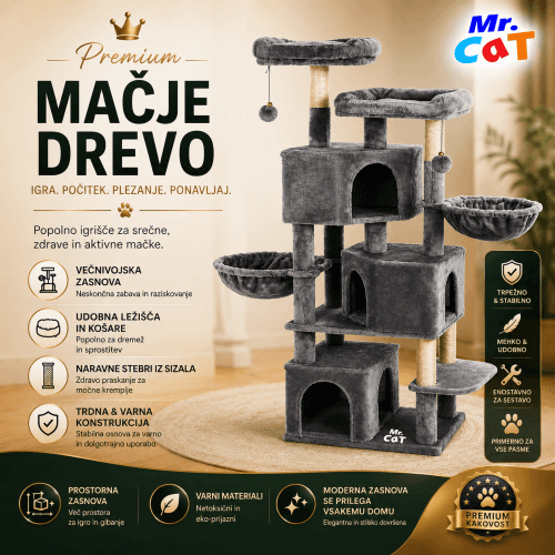 Mačje drevo C-1.64m s praskalniki, visečo posteljo in več nivoji