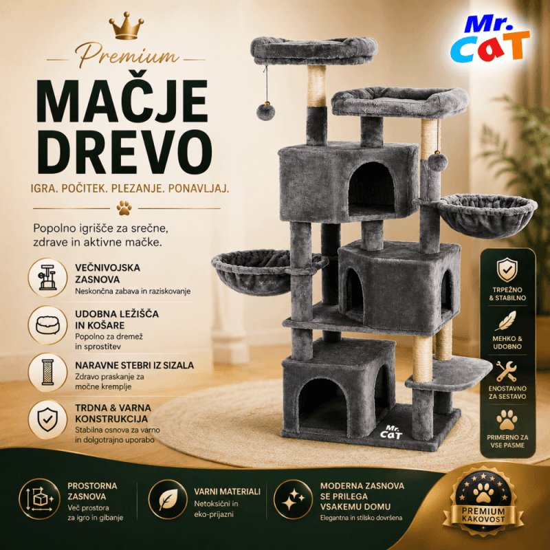 Mačje drevo C-1.64m s praskalniki, visečo posteljo in več nivoji