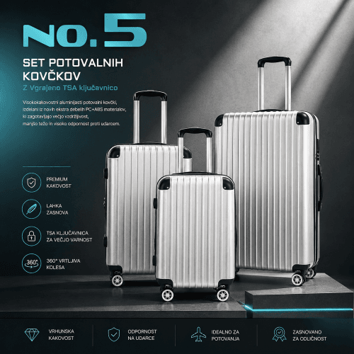 Premium set potovalnih kovčkov No.5 iz aluminija in PC+ABS materiala s TSA ključavnico in 360° vrtljivimi kolesi.