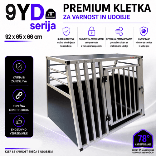 Aluminijasta kletka za pse Y9 za avto prtljažnik, varna transportna kletka dimenzije 92x65x66 cm