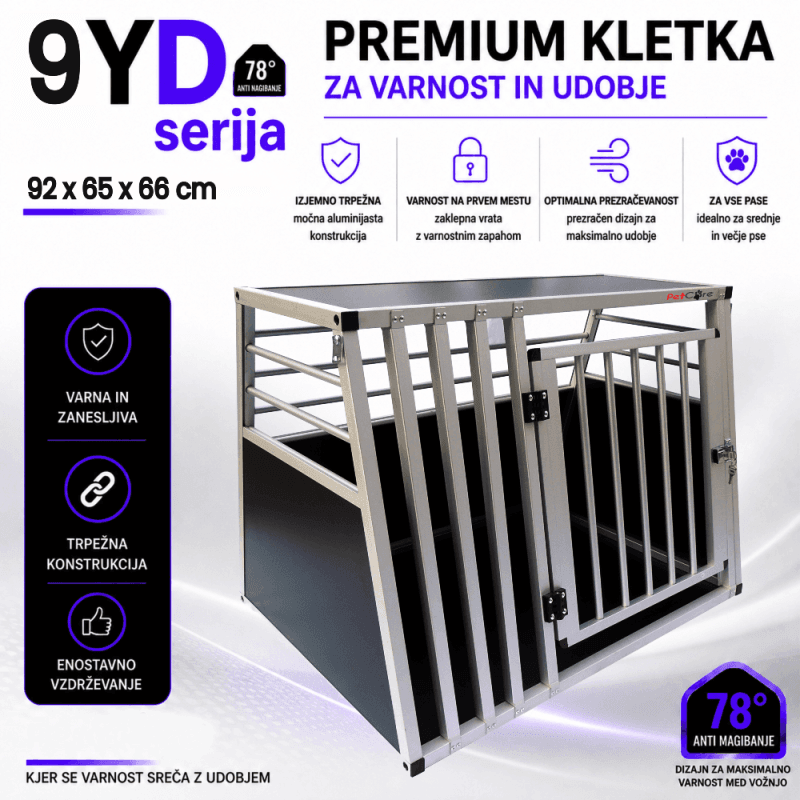 Kletka za pse Y9 aluminij – transportna kletka za avto Aluminijasta kletka za pse Y9 za avto prtljažnik, varna transportna kletka dimenzije 92x65x66 cm