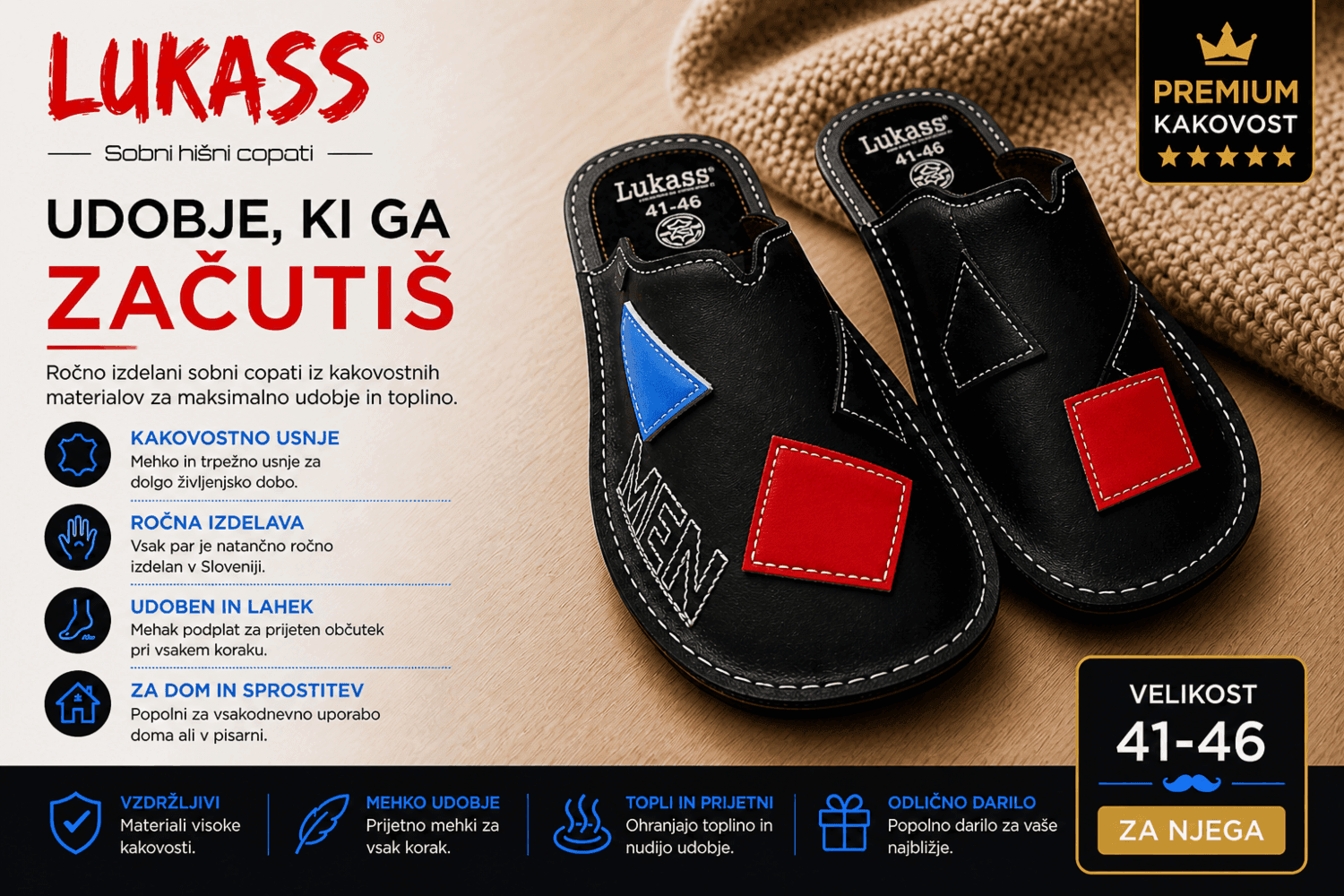 usnjeni sobni copati Lukass ročno izdelani v Sloveniji udobni unisex