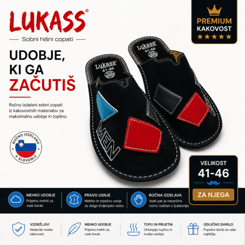 Moški sobni copati Lukass 41-46 – premium usnjeni natikači Moški sobni copati Lukass – ročno izdelani usnjeni natikači, velikost 41-46, udobni in kakovostni