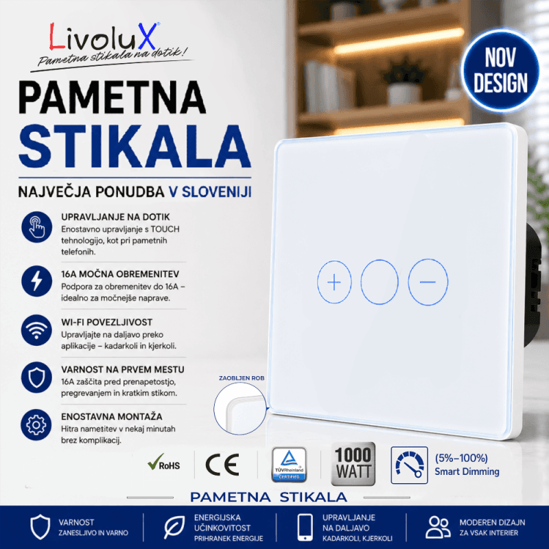 Pametno stekleno stikalo wifi LivoluX s kapacitivnim dotikom, LED indikacijo in funkcijo zatemnjevanja Pametno stekleno stikalo LivoluX wifi z zatemnjevalnikom in LED na dotik