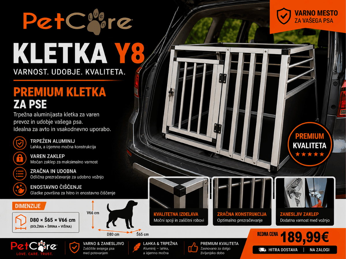 Aluminijasta kletka za pse Y8 za avto prtljažnik, varna transportna kletka dimenzije 92x65x66 cm