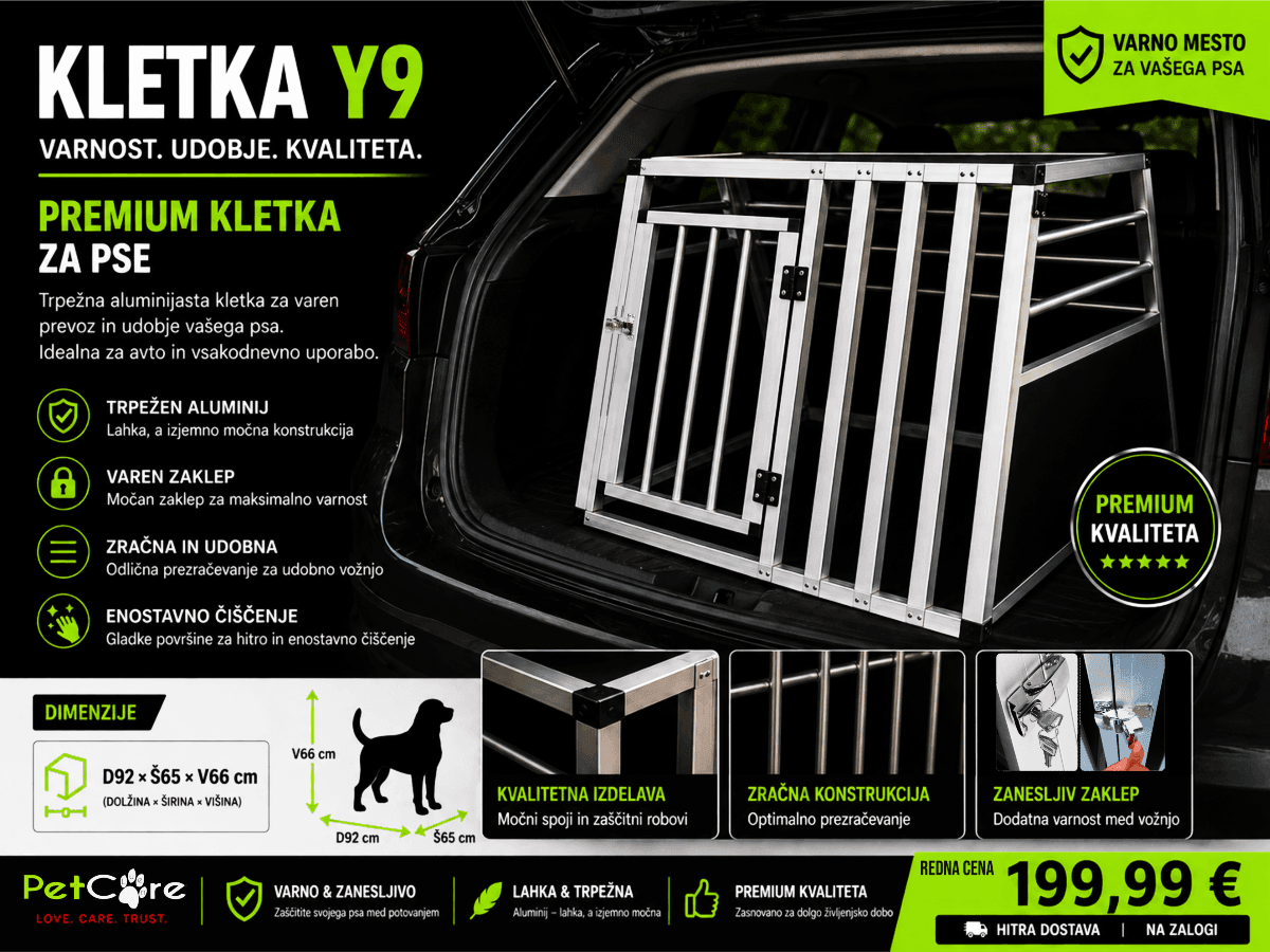 Aluminijasta kletka za pse Y9 za avto prtljažnik, varna transportna kletka dimenzije 92x65x66 cm