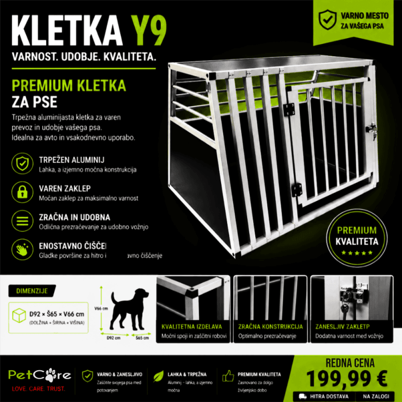 Aluminijasta kletka za pse Y9 za avto prtljažnik, varna transportna kletka dimenzije 92x65x66 cm