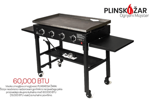 Plinski žar s 4 gorilniki in skupno močjo 60.000 BTU ter stranskimi odlagalnimi poličkami