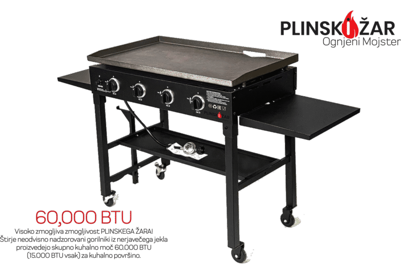 Plinski žar s 4 gorilniki in skupno močjo 60.000 BTU ter stranskimi odlagalnimi poličkami