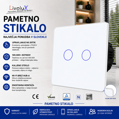 Livolux touch stikalo 2x ONE TOUCH – bela Livolux touch stikalo 2x ONE TOUCH 2.5D bela steklena plošča