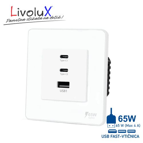 Touch vtičnica BASIC 65W z USB-C in USB za hitro polnjenje mobilnih telefonov