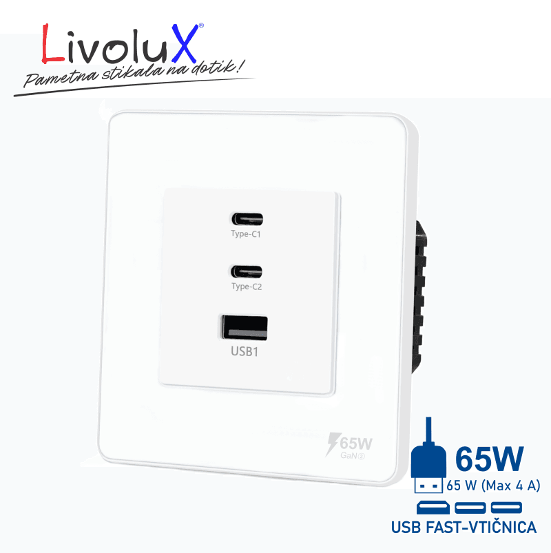 Touch vtičnica BASIC 65W z USB-C in USB za hitro polnjenje mobilnih telefonov