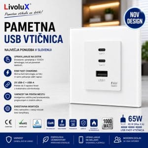 Touch vtičnica BASIC 65W USB-C in USB Touch vtičnica BASIC 65W z USB-C in USB za hitro polnjenje mobilnih telefonov